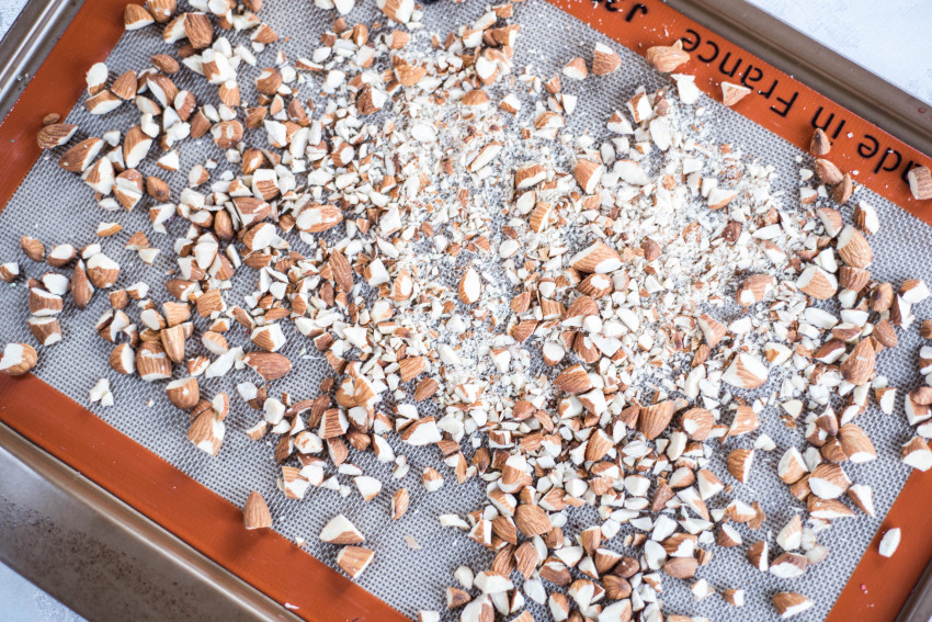 Chocolate Drops Almonds on Baking Sheet