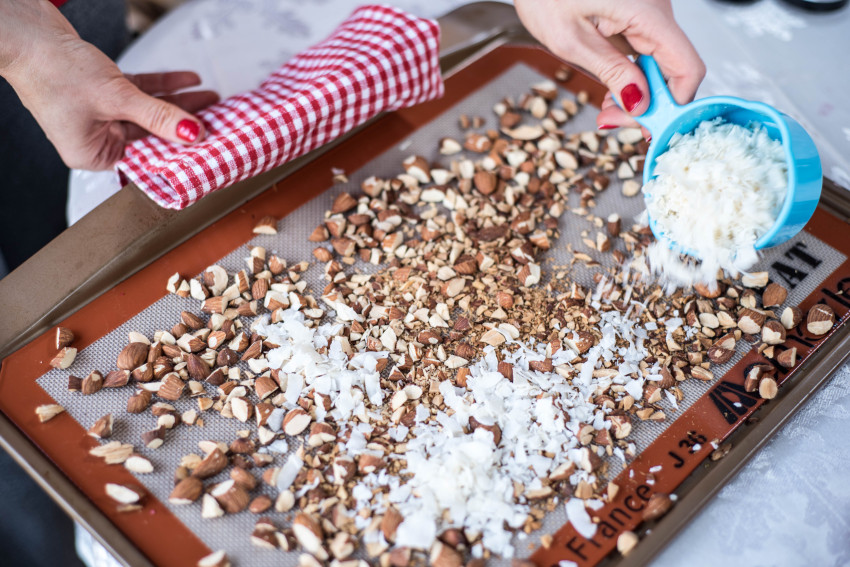 Chocolate Drops Coconut on Baking Sheet