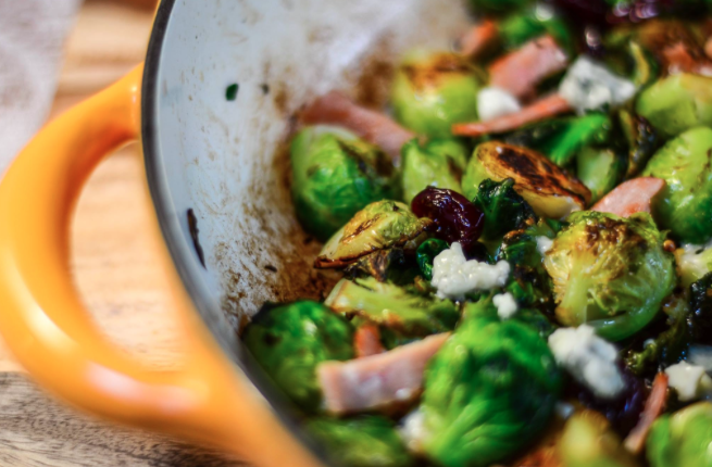 seared sprouts in pan